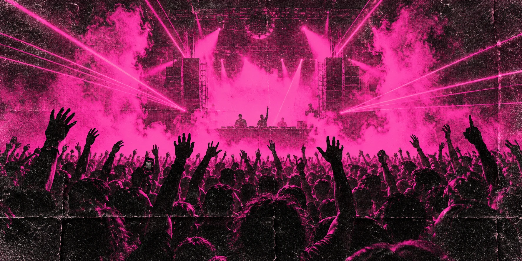Club crowd with raised hands drenched in hot pink light