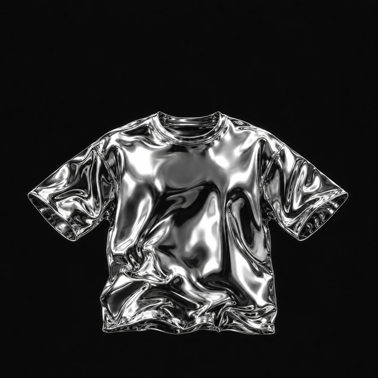 Liquid chrome t-shirt floating on black