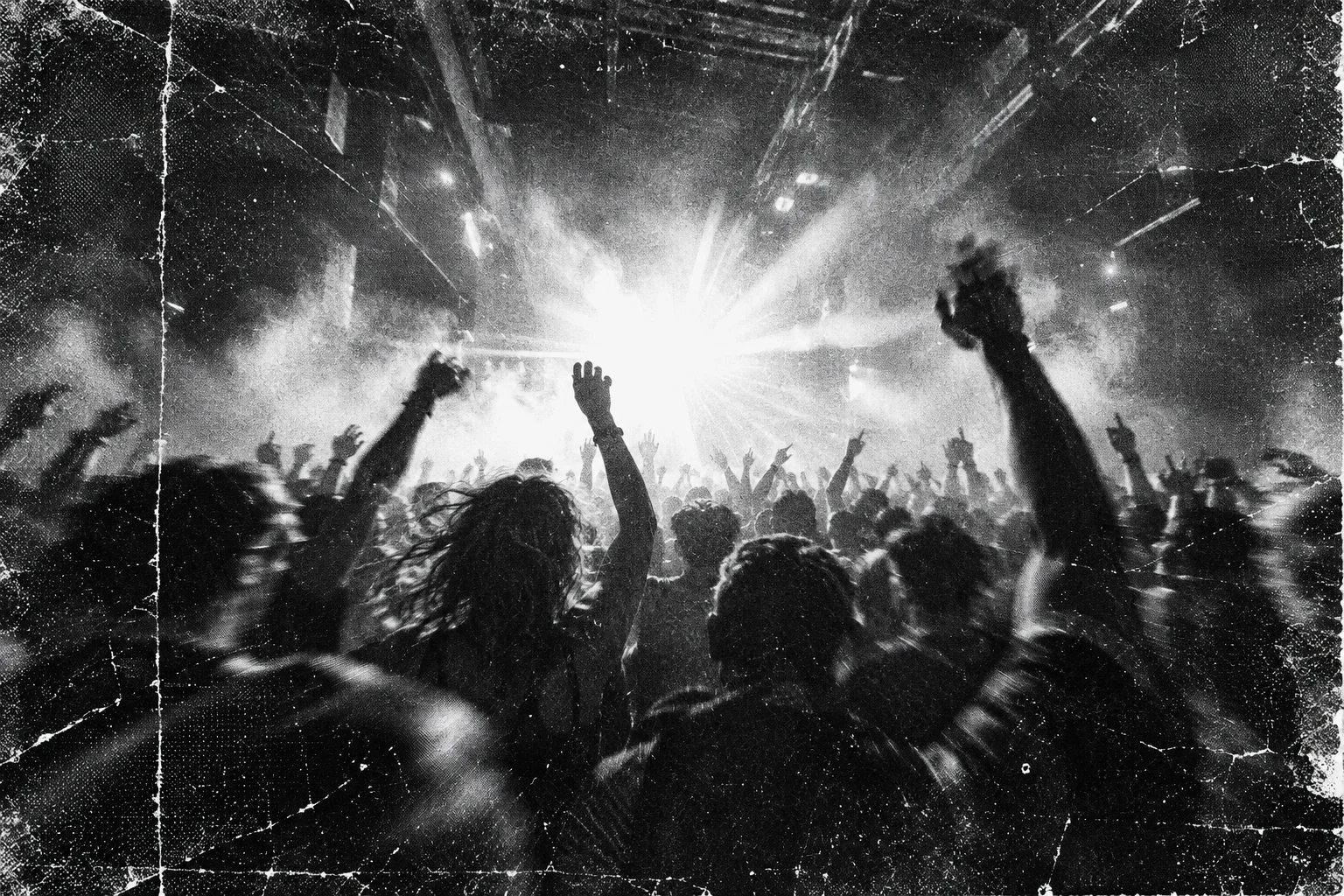 Grainy black and white rave crowd under a strobe, used in the Rave template preview
