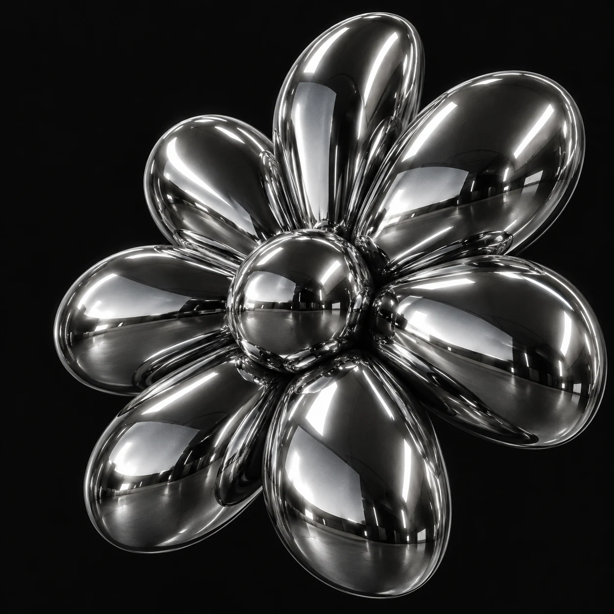 Liquid chrome 3D flower on black