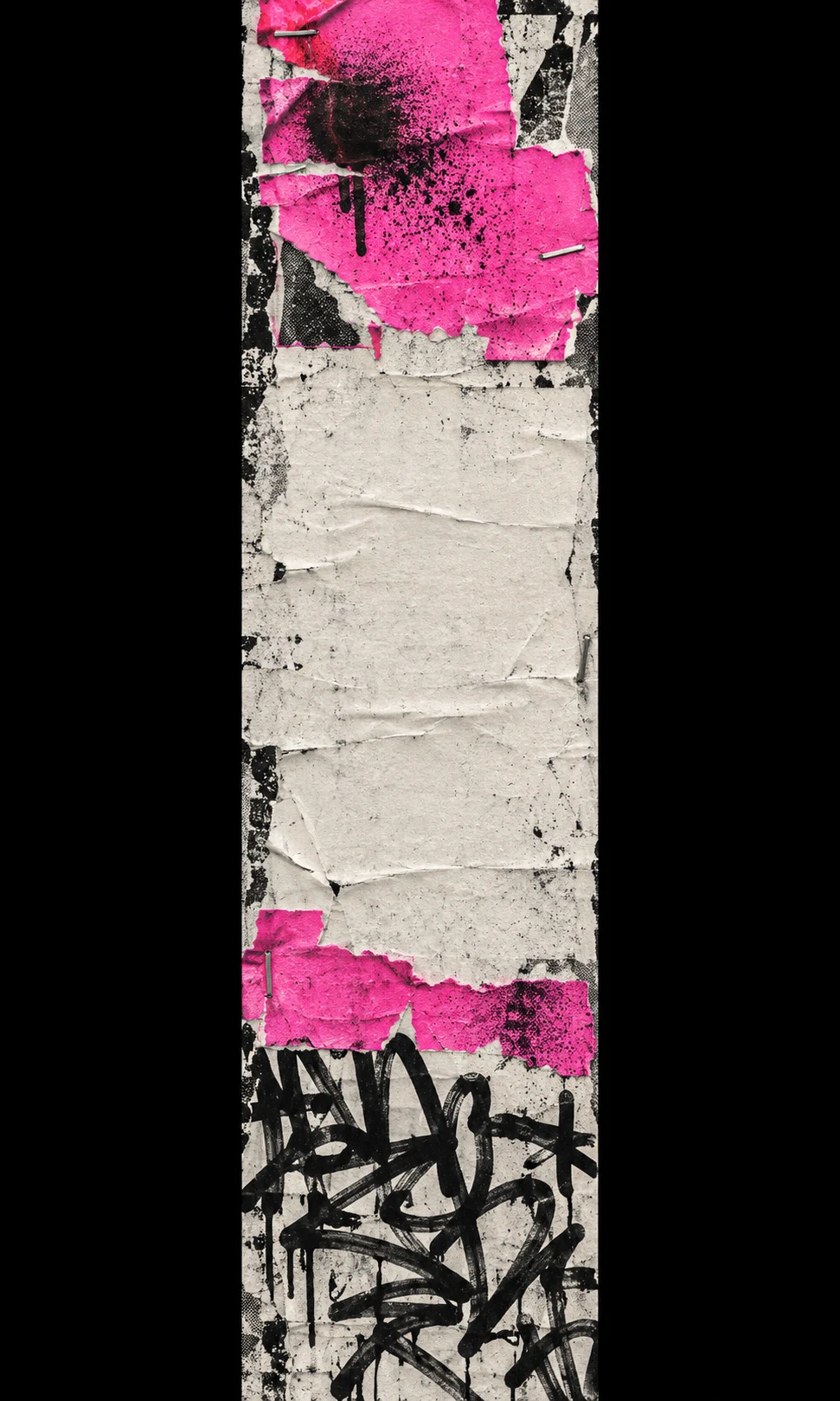 Torn vertical strip of wheat-pasted gig posters in pink and black with marker graffiti